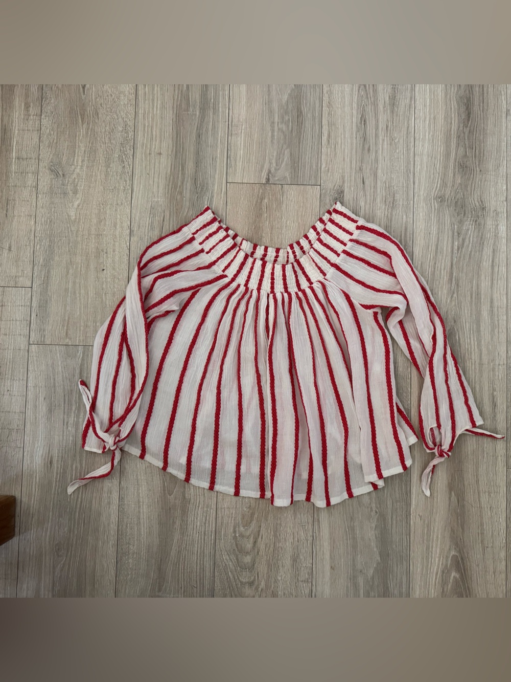 Rip Curl Off-Shoulder Striped Blouse in White and Red